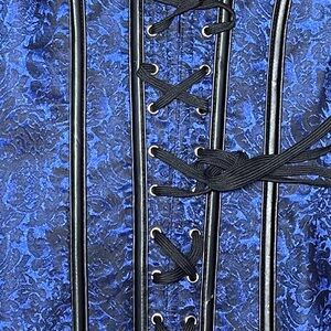 Kim Ring Blue Corset Steampunk Gothic,Black Leather Lined,Perfect for Burlesque